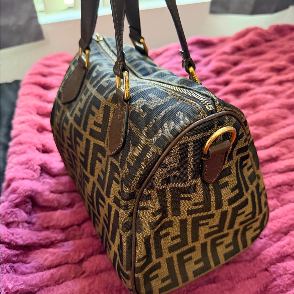Fendi Brown Monogram Boston Bag with Gold Hardware